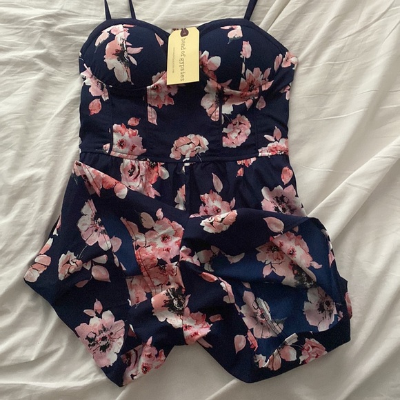 Navy Blue Flower Romper - Picture 2 of 4